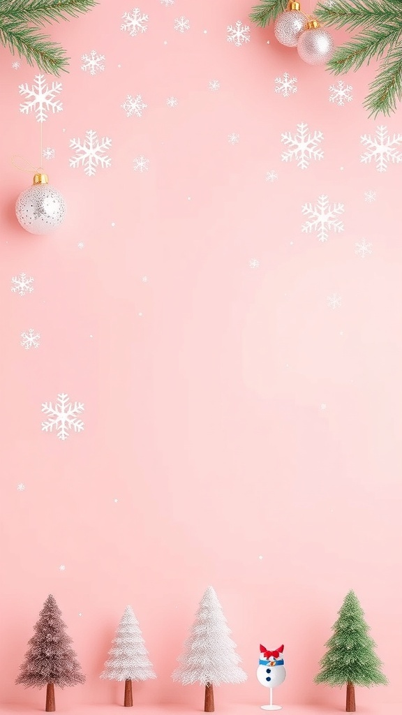 Pink Christmas wallpaper with snowflakes and ornaments for iPad.